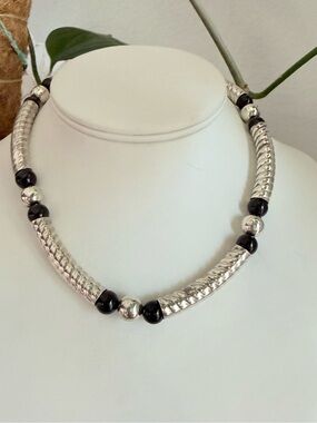NR Sterling Silver Black Beaded Statement Necklace VINTAGE